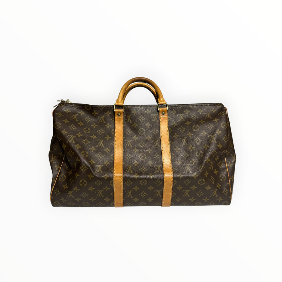 Sac de voyage Secondstore Louis Vuitton Keepall en toile Monogram marron avec finitions en cuir de vachette naturel