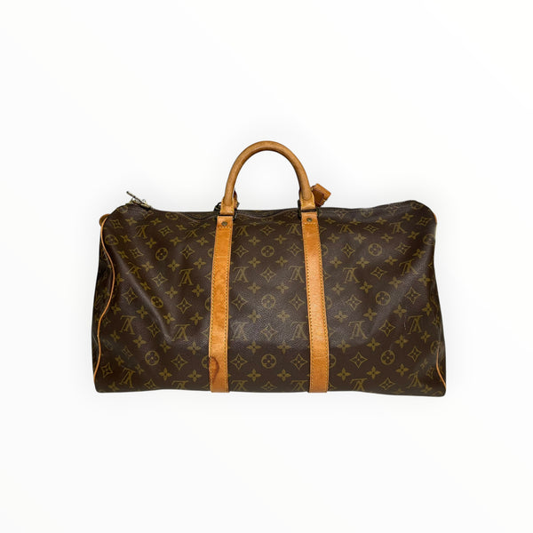 Sac de voyage Secondstore Louis Vuitton Keepall en toile Monogram marron avec garnitures en cuir de vachette naturel