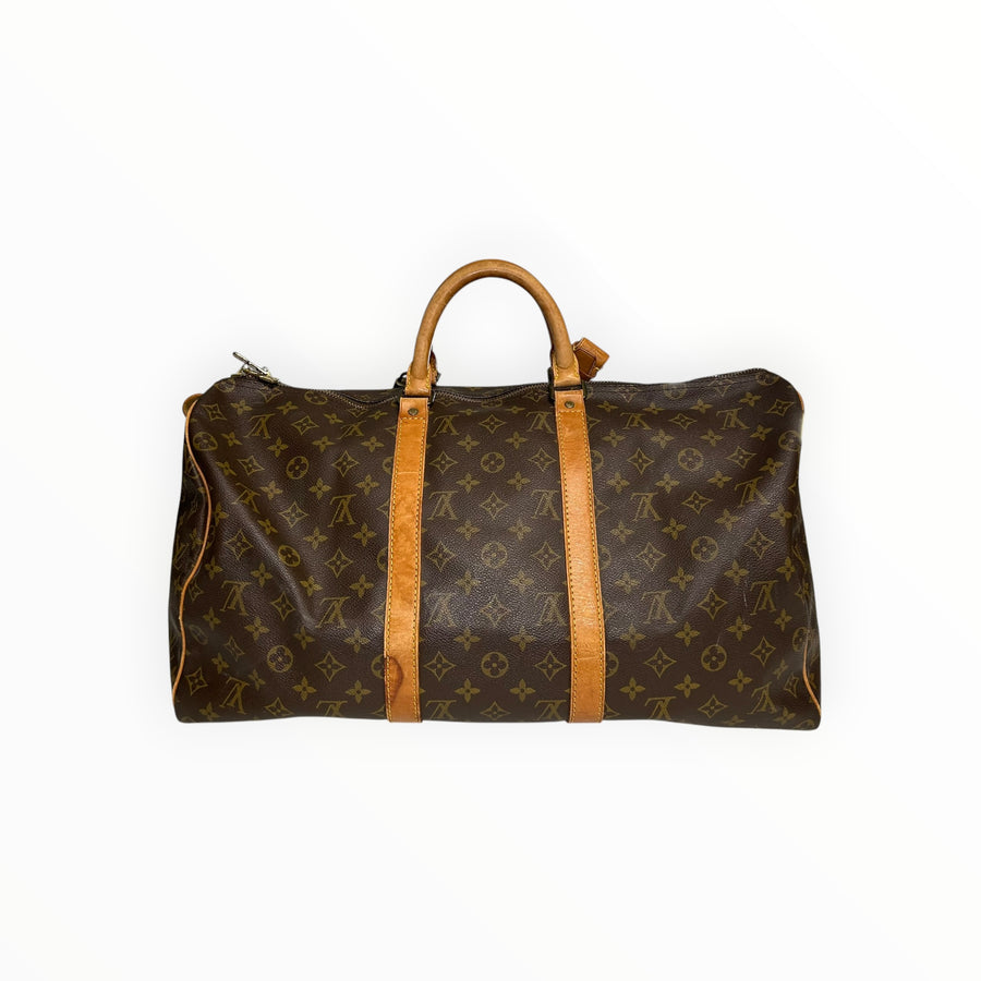 Sac de voyage Secondstore Louis Vuitton Keepall en toile Monogram marron avec garnitures en cuir de vachette naturel