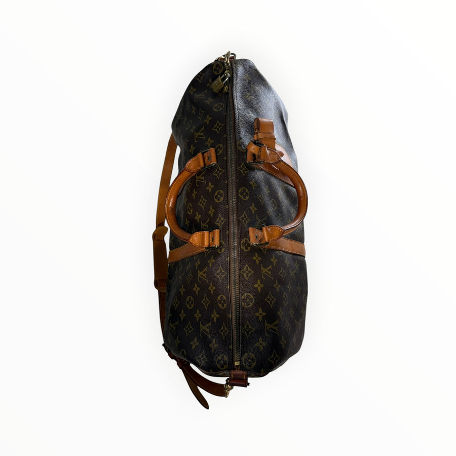 Sac de voyage Secondstore Louis Vuitton Keepall en toile Monogram marron avec anses et finitions en cuir naturel