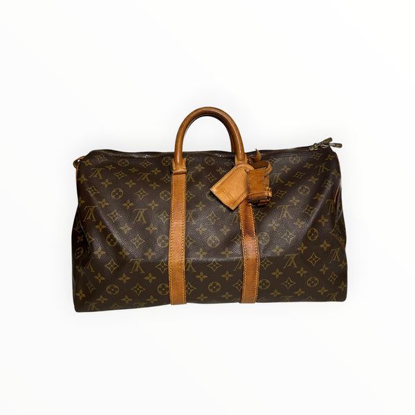 Sac de voyage Secondstore Louis Vuitton Keepall en toile Monogram marron avec garnitures en cuir de vachette naturel