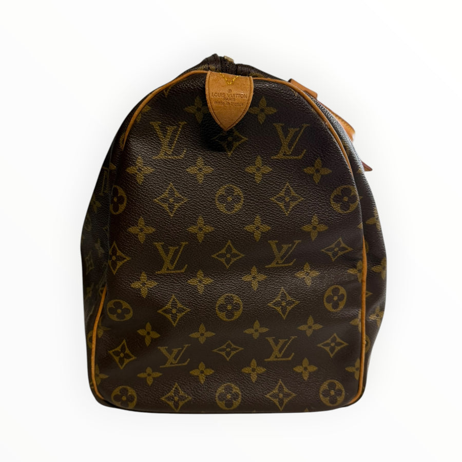 Sac de voyage Secondstore Louis Vuitton Keepall en toile Monogram marron avec finitions en cuir de vachette naturel