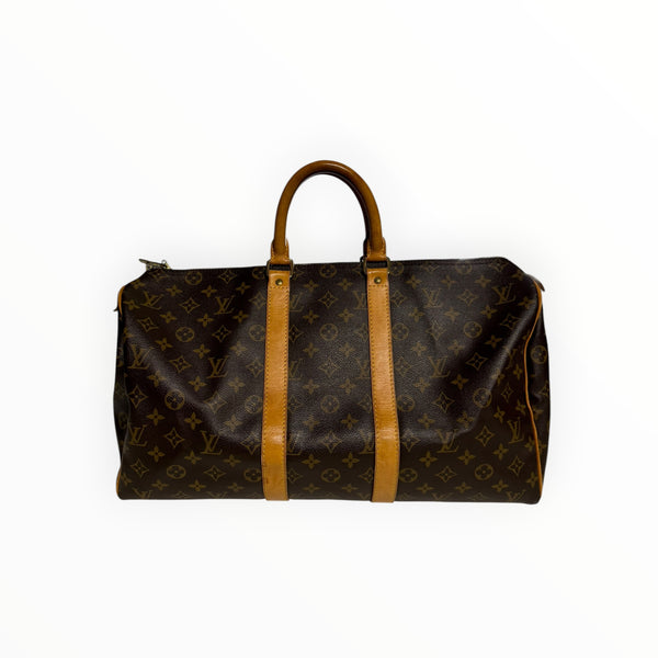 Sac de voyage Secondstore Louis Vuitton Keepall en toile Monogram marron avec poignées en cuir de vachette naturel