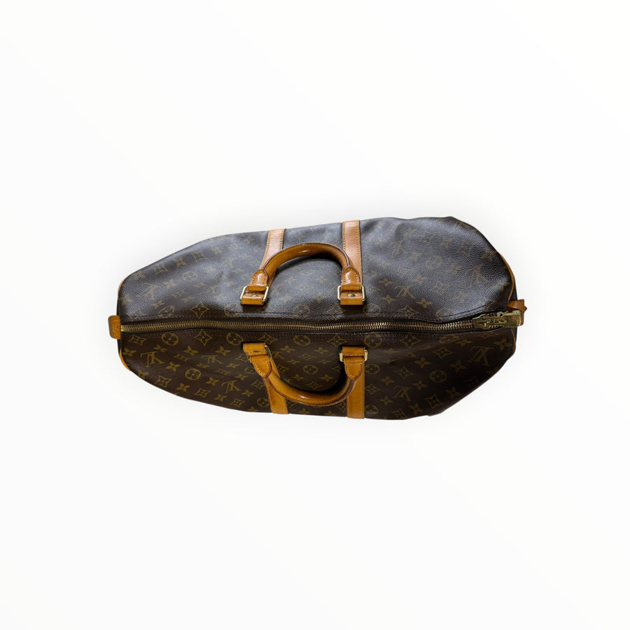 Sac de voyage Secondstore Louis Vuitton Keepall en toile Monogram marron avec anses en cuir de vachette naturel