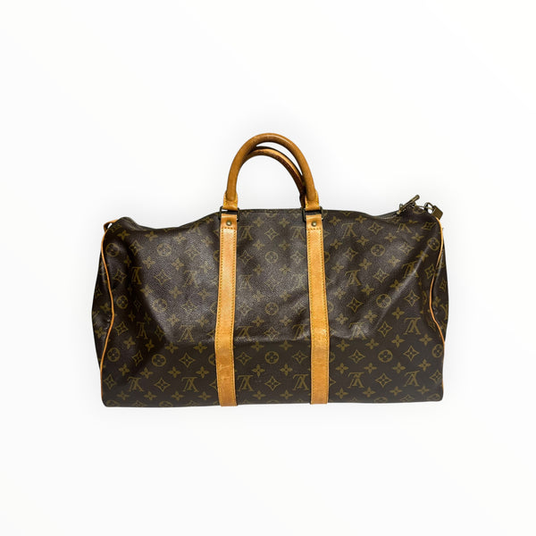 Sac de voyage Secondstore Louis Vuitton Keepall en toile Monogram marron avec garnitures en cuir de vachette naturel