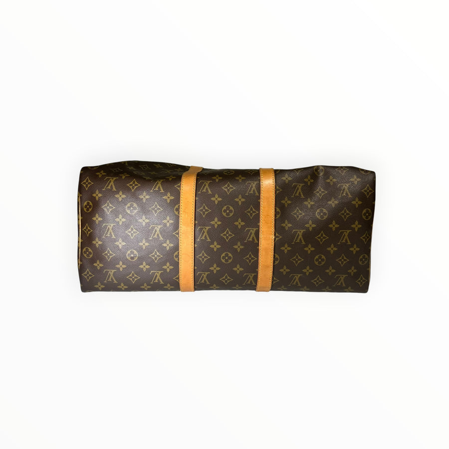 Sac de voyage Secondstore Louis Vuitton Keepall en toile Monogram marron avec finitions en cuir de vachette naturel