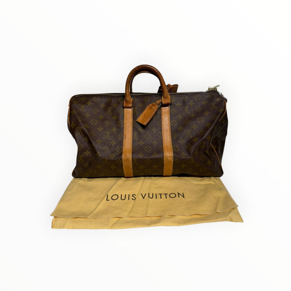 Sac de voyage Secondstore Louis Vuitton Keepall en toile Monogram marron avec finitions en cuir de vachette naturel