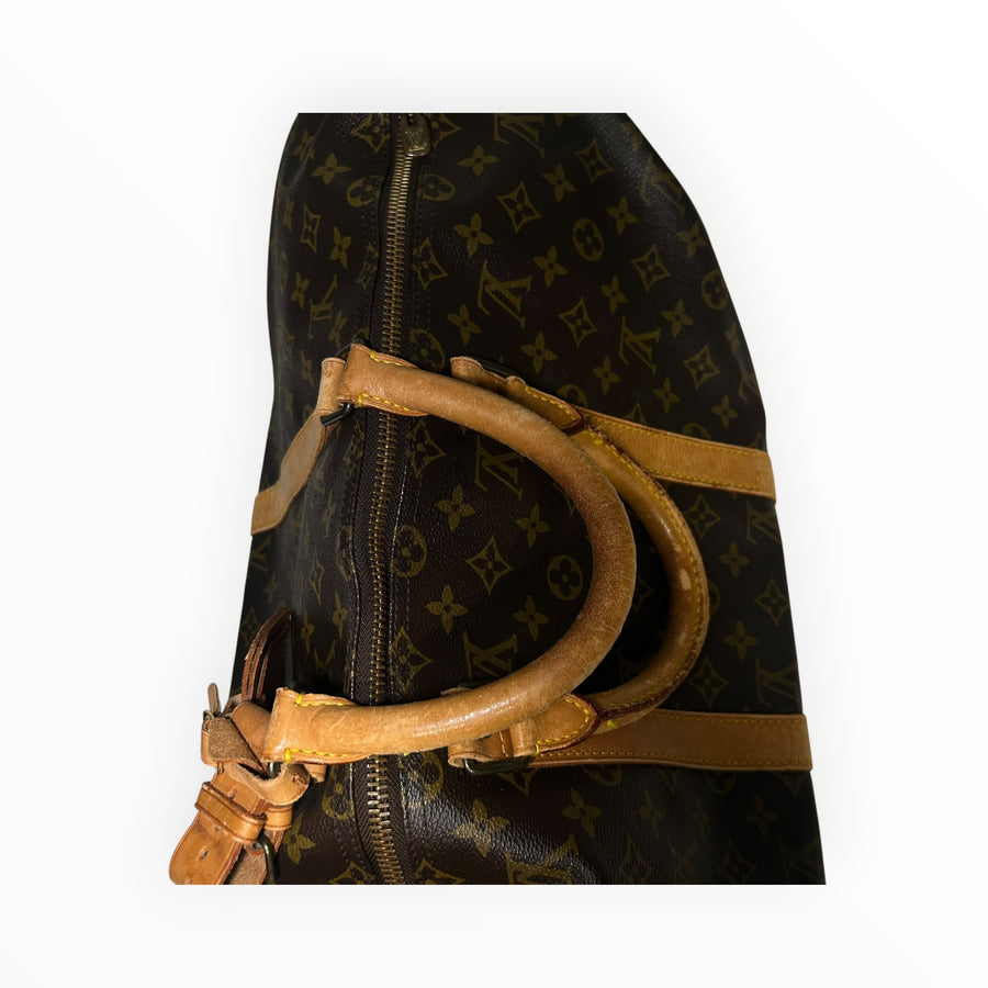 Sac de voyage Secondstore Louis Vuitton Keepall en toile Monogram marron avec poignées en cuir de vachette naturel