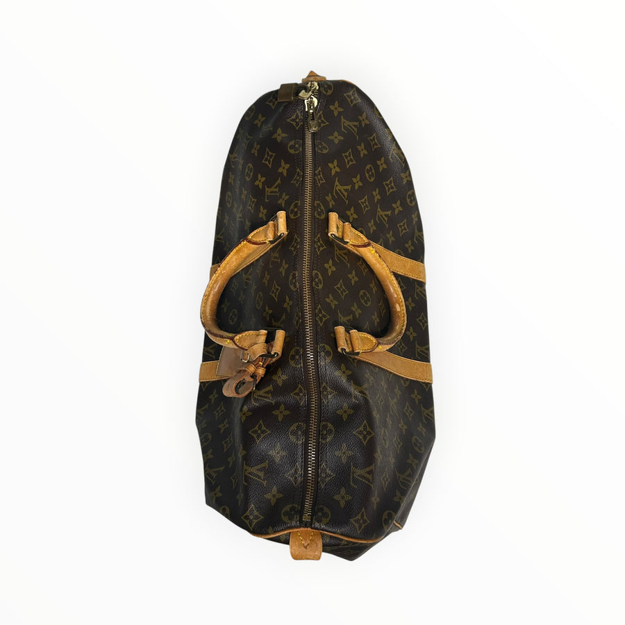 Sac de voyage Secondstore Louis Vuitton Keepall en toile Monogram marron avec garnitures en cuir de vachette naturel
