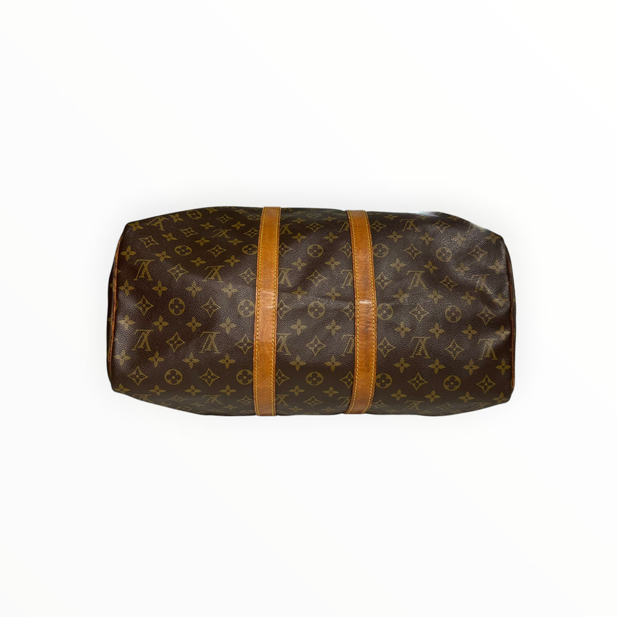 Sac de voyage Secondstore Louis Vuitton Keepall en toile Monogram marron avec garnitures en cuir de vachette naturel