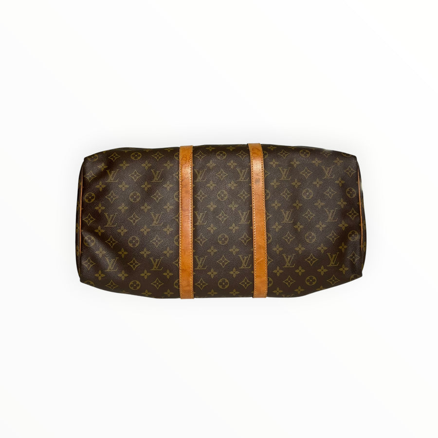 Sac de voyage Secondstore Louis Vuitton Keepall en toile Monogram marron avec garnitures en cuir de vachette naturel