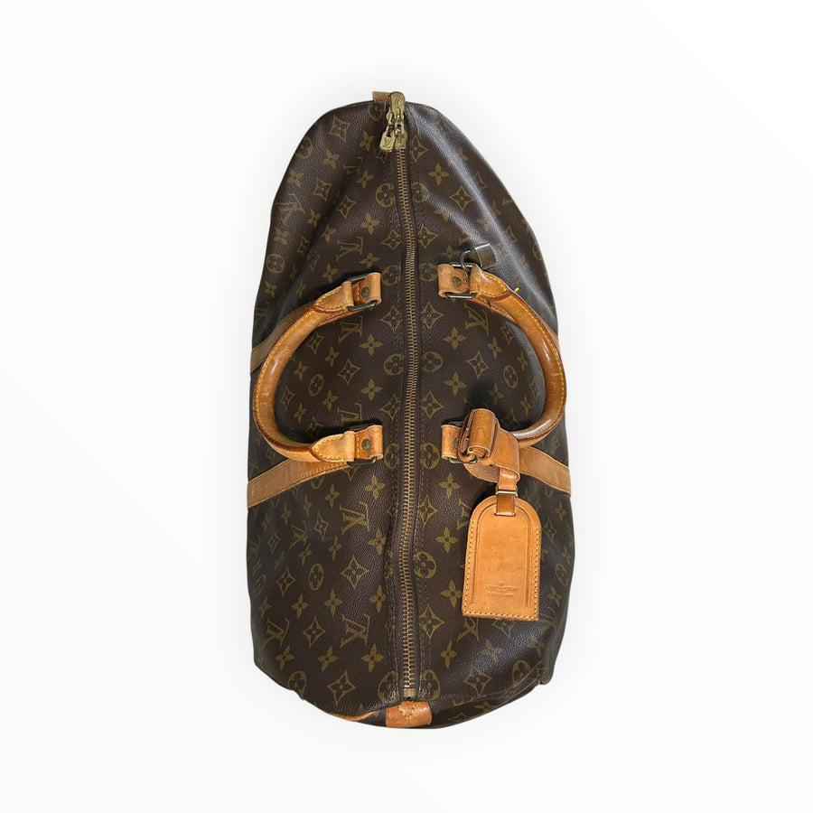 Sac de voyage Secondstore Louis Vuitton Keepall en toile Monogram marron avec garnitures en cuir de vachette naturel