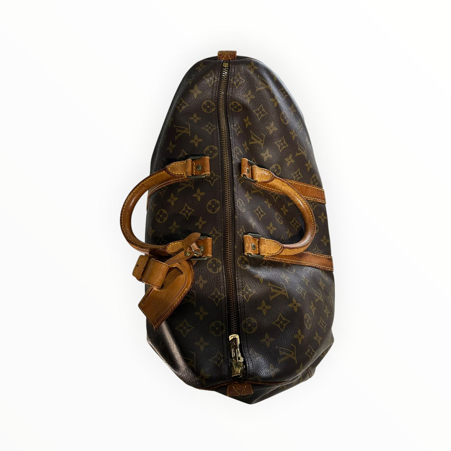 Sac de voyage Secondstore Louis Vuitton Keepall en toile Monogram marron avec garnitures en cuir de vachette naturel
