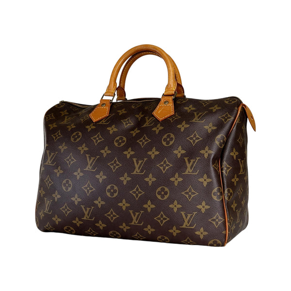 Sac à main Secondstore Louis Vuitton Speedy 35 en toile Monogram marron avec anses en cuir de vachette naturel