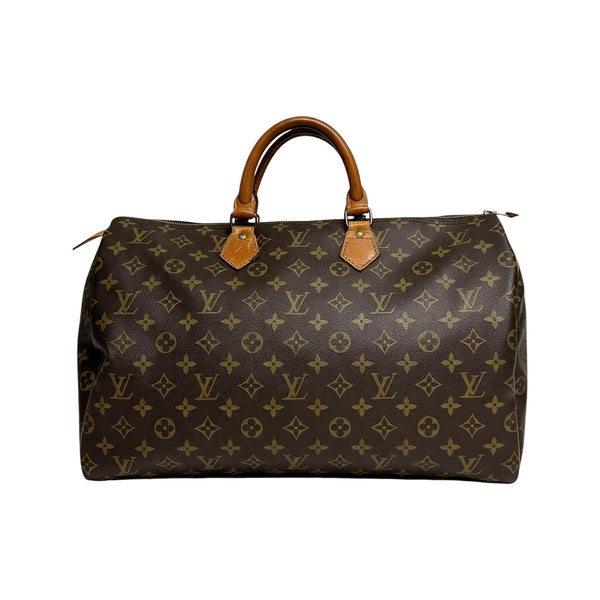 Sac de voyage Secondstore Louis Vuitton Speedy 35 en toile Monogram marron avec poignées en cuir de vachette naturel