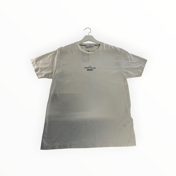 Secondstore white Stone Island Archivio cotton crew neck t-shirt with front logo branding on a hanger