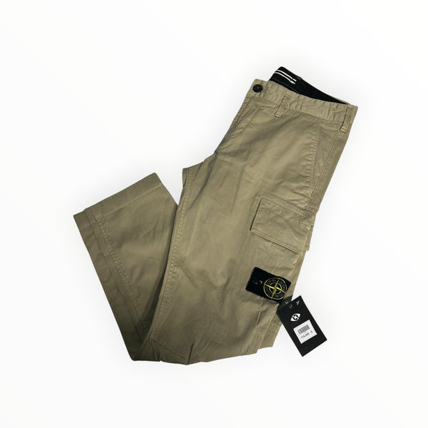 Secondstore beige Stone Island cotton cargo trousers with side pocket and iconic brand patch on a white background.