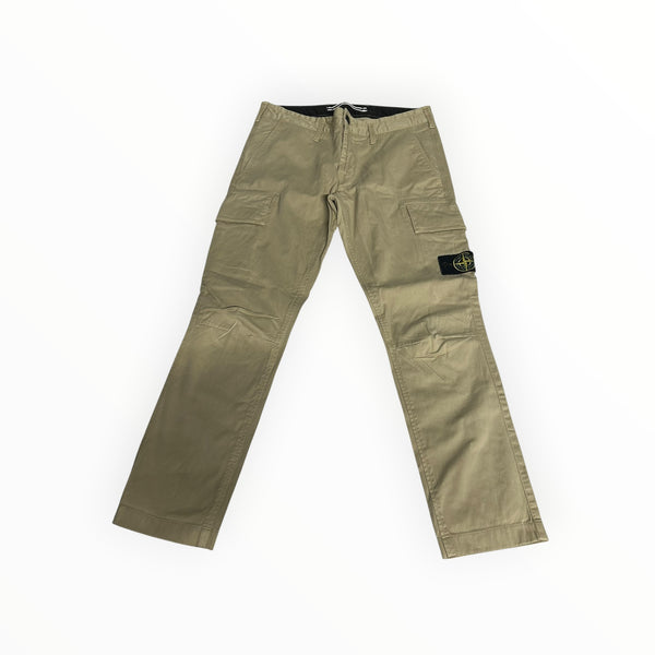 Secondstore beige Stone Island cotton cargo trousers with side pockets and iconic brand patch on the leg