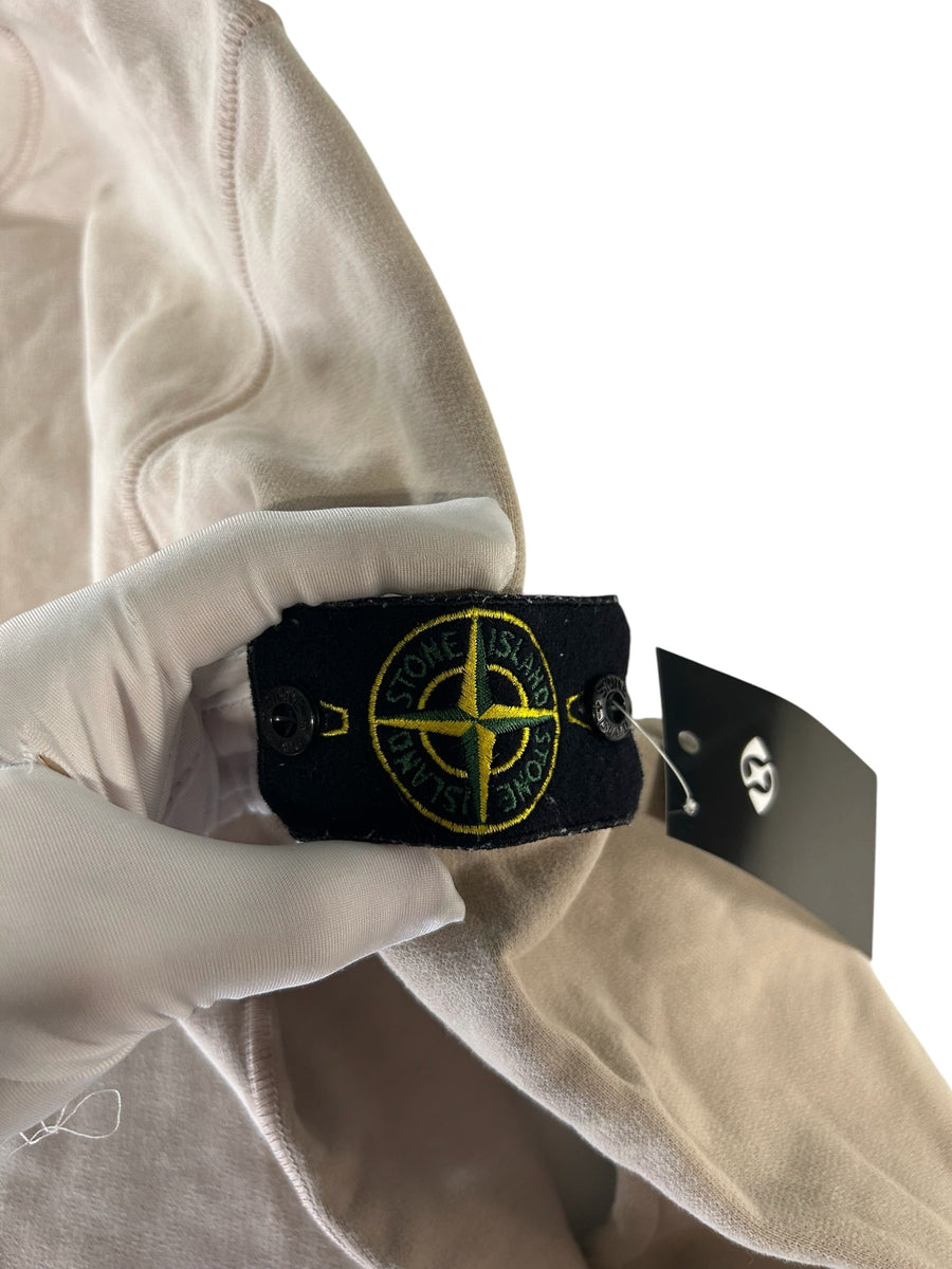 Secondstore beige Stone Island crewneck sweatshirt featuring the iconic yellow and green compass sleeve patch