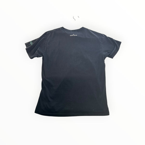 Secondstore Stone Island black cotton t-shirt, back view showing small logo print at the neck and sleeve detail.