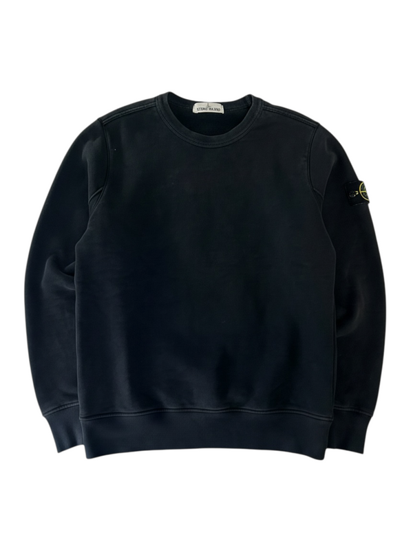 Secondstore black Stone Island crewneck sweatshirt featuring the brand logo label on the inner collar