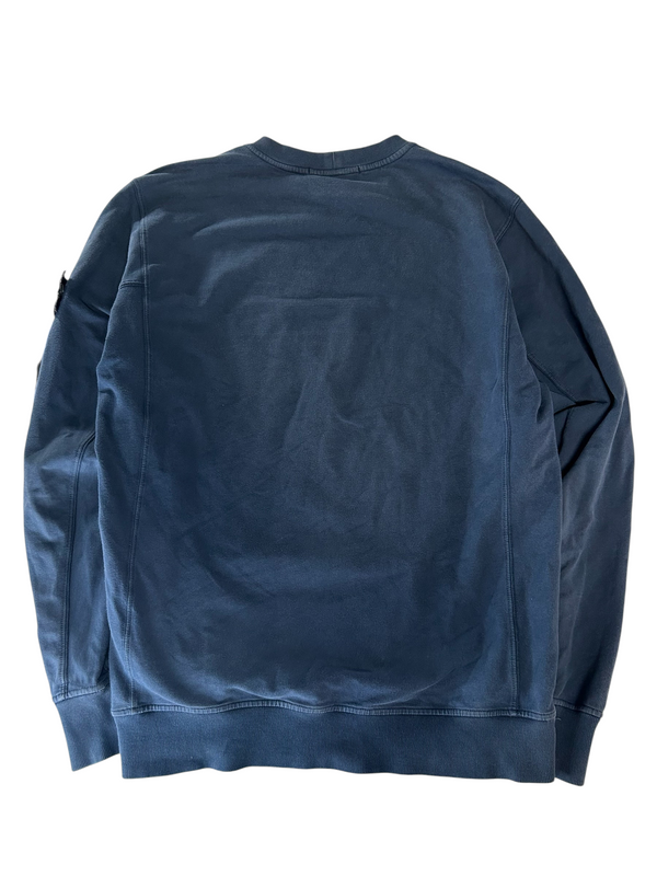 Secondstore Stone Island deep blue cotton crewneck sweatshirt with ribbed cuffs and sleeve patch, back view.