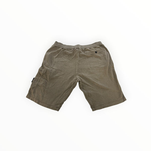 Secondstore Stone Island olive-taupe cotton jersey cargo shorts, back view with buttoned pocket and elastic waistband.