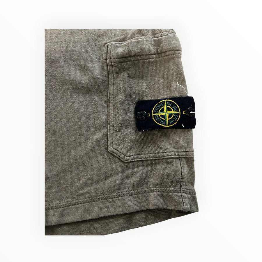 Secondstore olive-taupe Stone Island cotton jersey cargo shorts featuring the signature compass patch on the side pocket