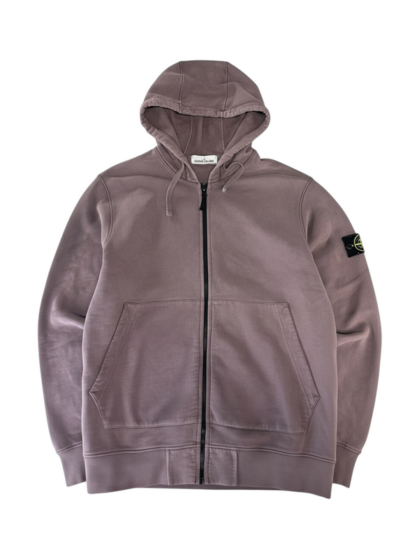 Secondstore Stone Island mauve-grey cotton full-zip hoodie with drawstring hood and iconic compass sleeve patch