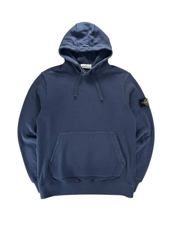 Secondstore navy blue Stone Island cotton hooded sweatshirt with kangaroo pocket and signature sleeve compass patch