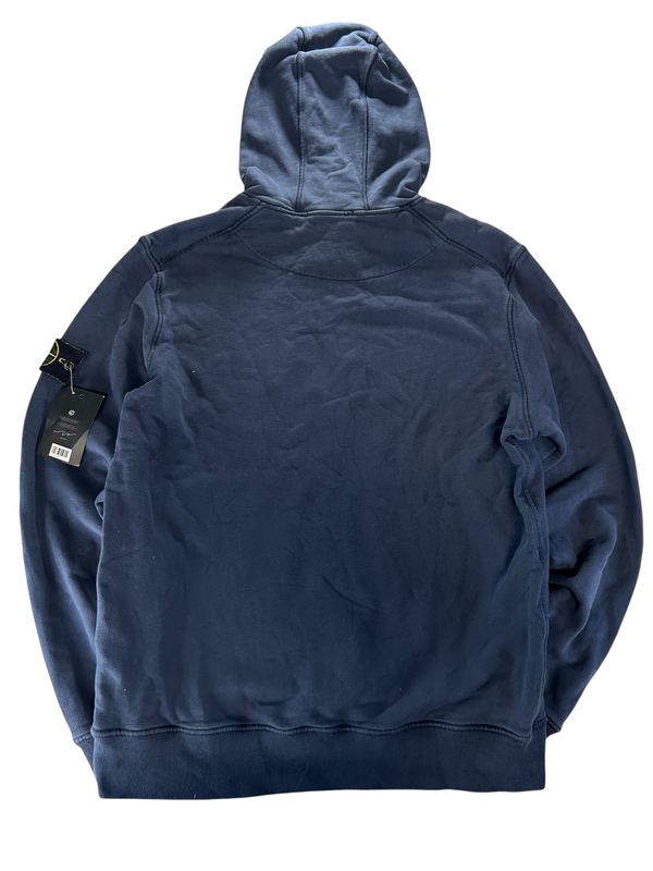 Secondstore navy blue Stone Island cotton hooded sweatshirt with signature compass patch on the sleeve, back view.