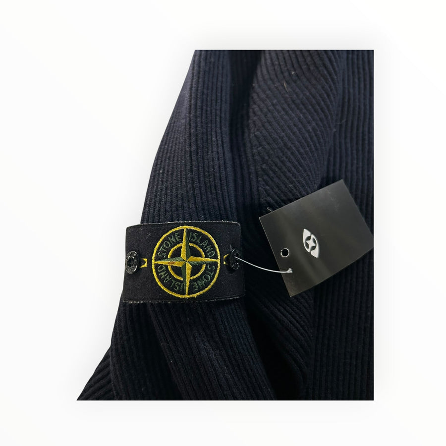 Secondstore navy ribbed knit Stone Island crewneck sweater featuring the iconic detachable compass sleeve badge