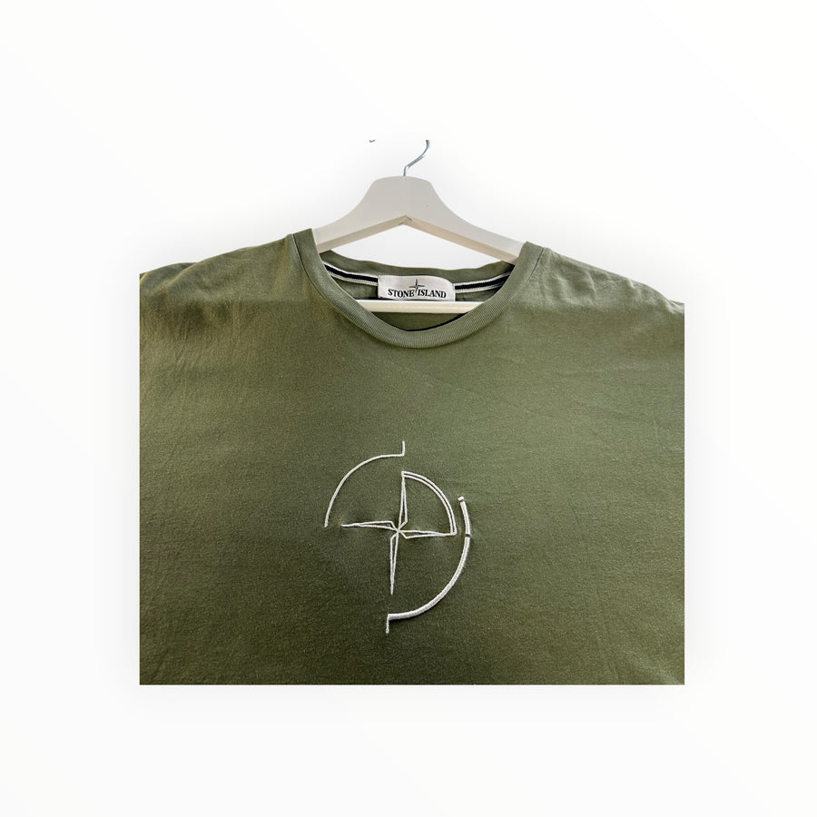 Secondstore olive green Stone Island cotton t-shirt with white embroidered compass logo on chest