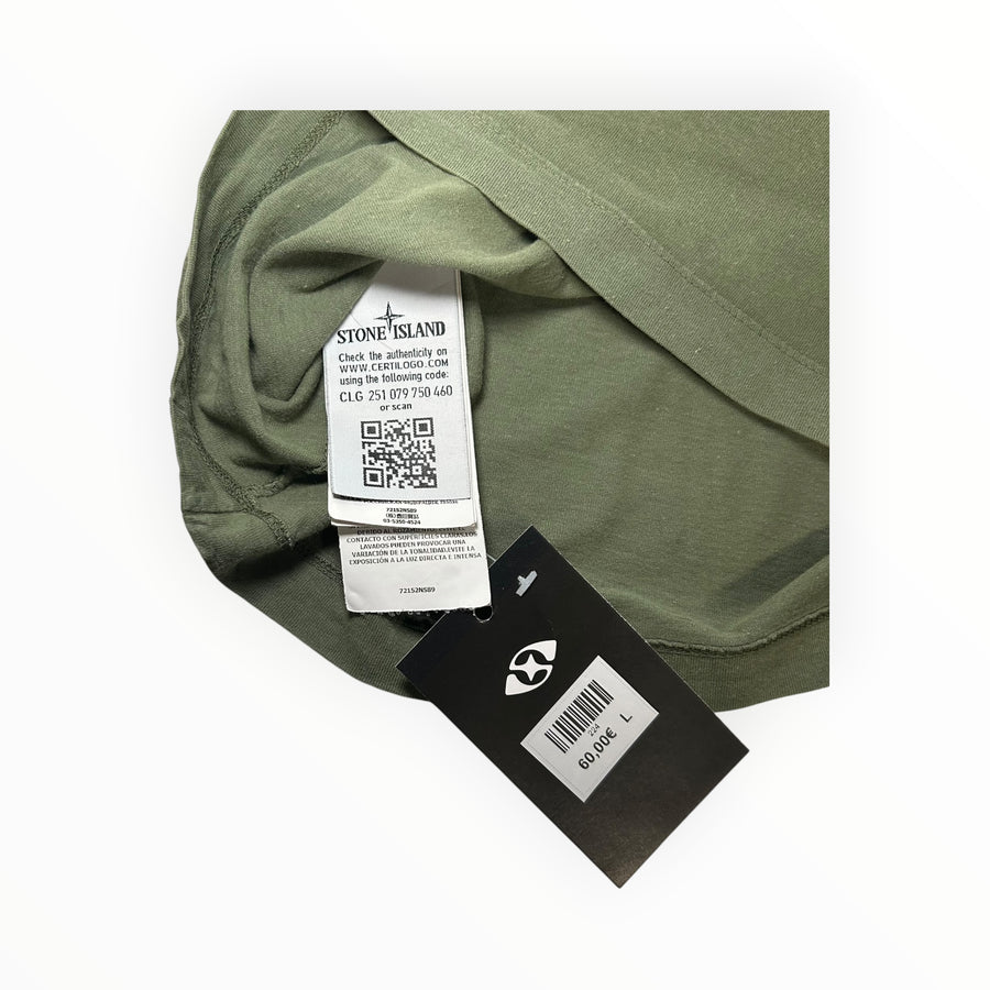 Secondstore Stone Island olive green cotton t-shirt interior label with Certilogo authentication tag and price tag