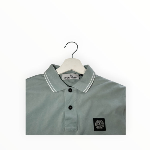 Secondstore Stone Island sage green cotton pique polo shirt with collar tipping and iconic chest compass patch
