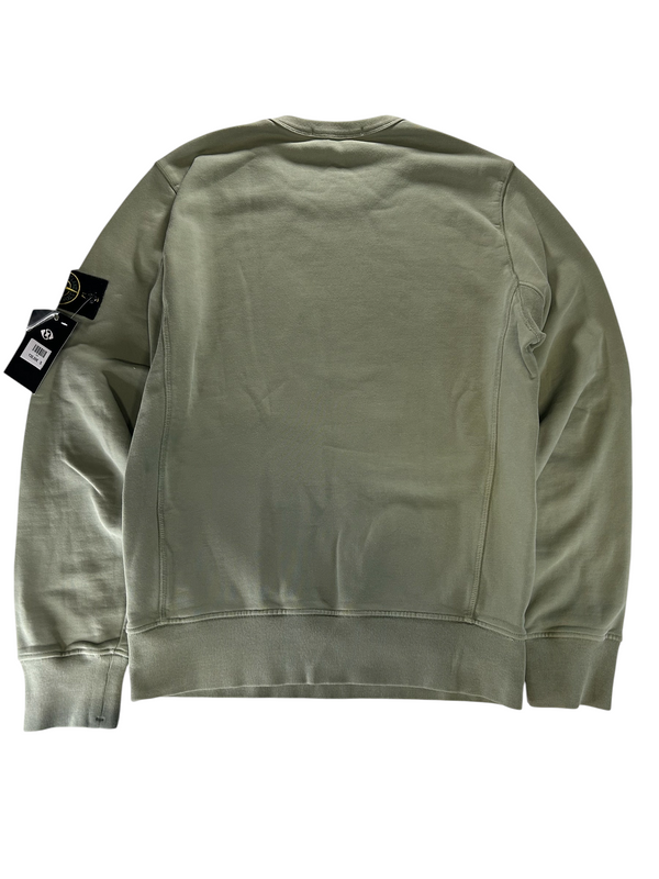 Secondstore sage green Stone Island crewneck sweatshirt with signature compass patch on the sleeve, back view.