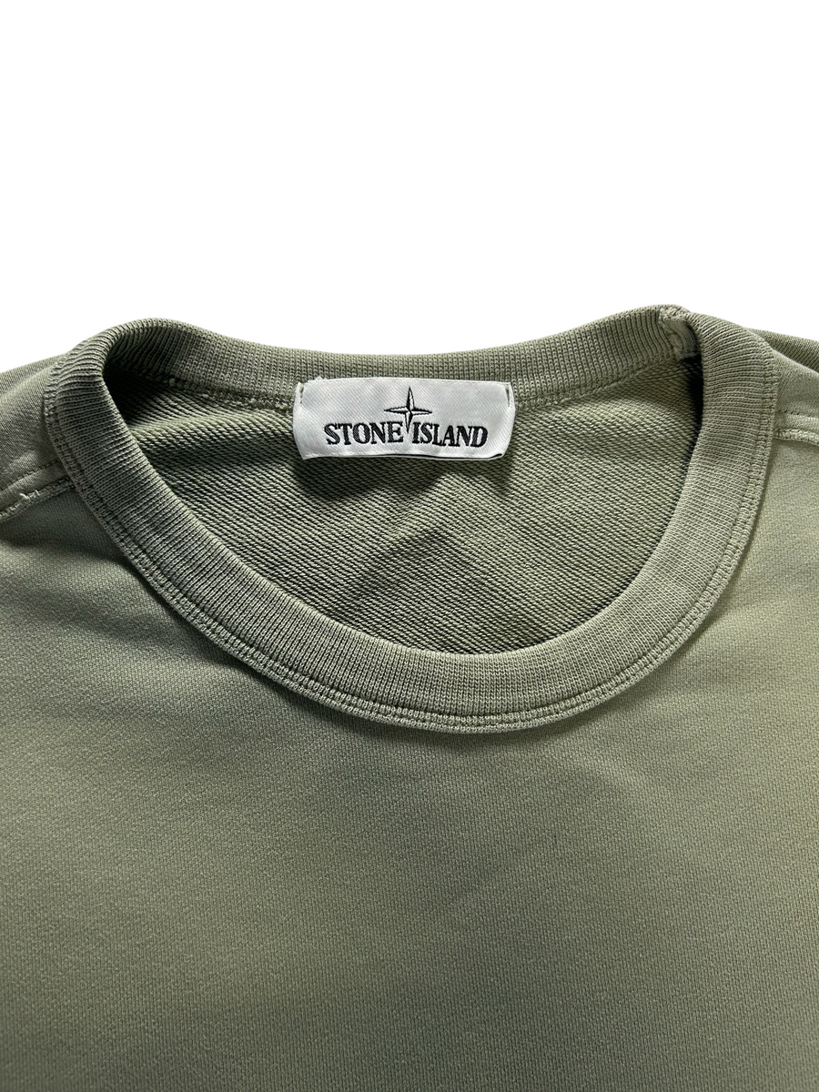 Secondstore Stone Island sage green cotton crewneck sweatshirt with ribbed collar and branded interior neck label