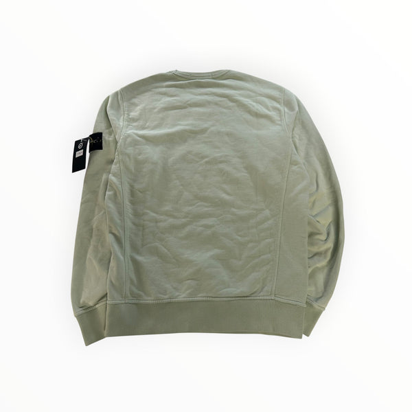 Back view of a sage green Secondstore Stone Island crewneck sweatshirt in soft cotton with a sleeve compass badge.