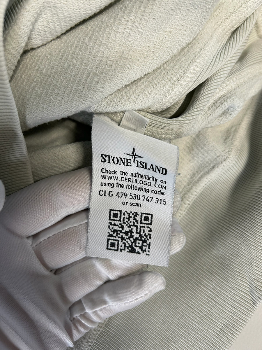 Secondstore Stone Island crewneck sweatshirt interior label with Certilogo QR code and authenticity details