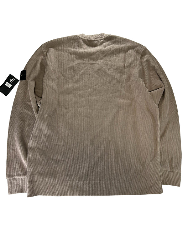 Secondstore Stone Island taupe ribbed crewneck sweater with iconic compass patch on the sleeve, back view.