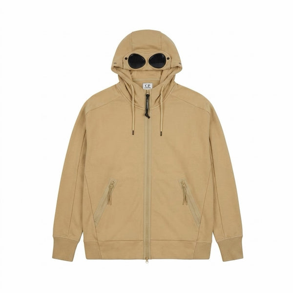 Sweat-shirt zippé beige Secondstore C.P. Company en coton avec capuche Goggle iconique et poches latérales