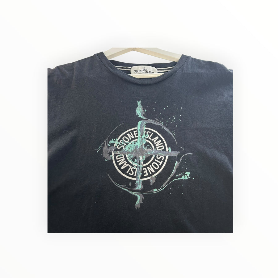 T-shirt en coton noir Secondstore avec imprimé graphique boussole Stone Island vert menthe et col rond