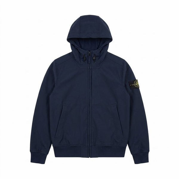 Veste à capuche Secondstore Stone Island bleu marine en tissu technique Soft Shell-R avec badge boussole sur la manche