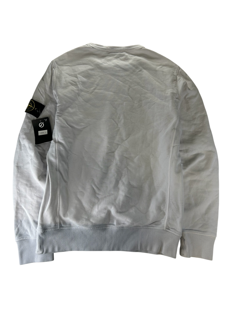 Secondstore white Stone Island crewneck sweatshirt with iconic compass patch on the sleeve and ribbed hem.