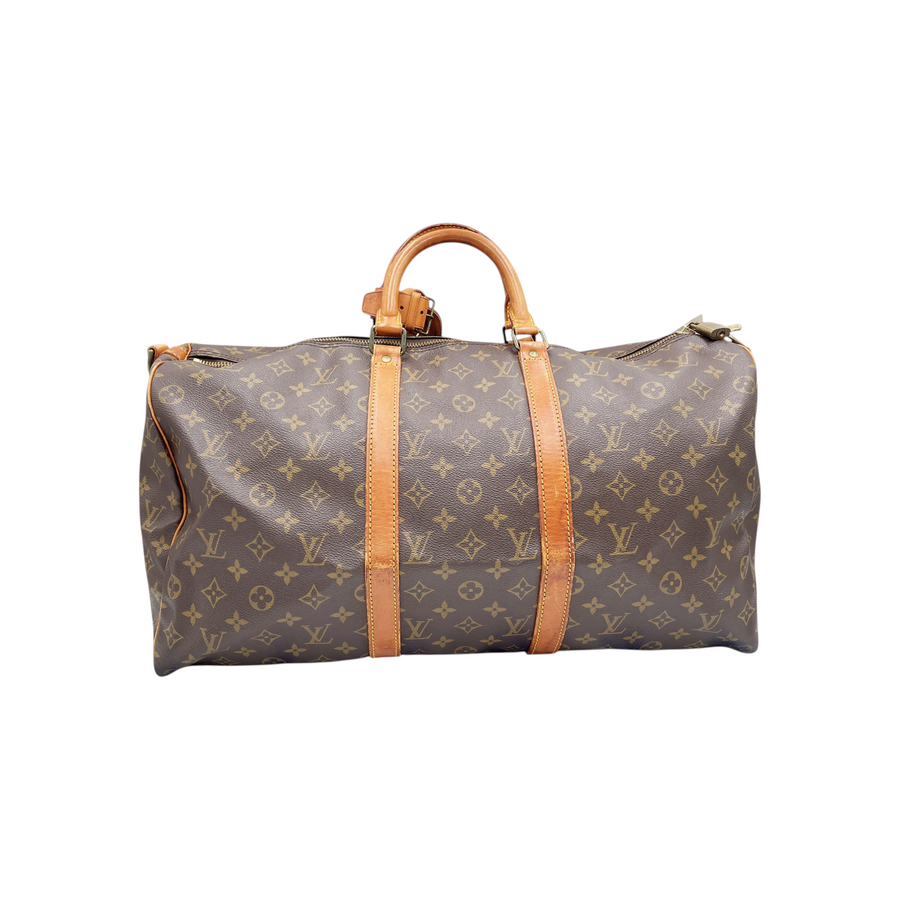 Secondstore pre-owned Louis Vuitton Keepall 55 travel bag in brown monogram canvas with natural leather trim