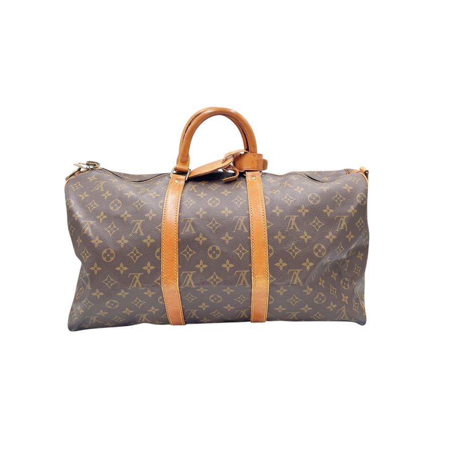 Secondstore pre-owned Louis Vuitton Keepall 55 travel bag in brown monogram canvas with natural leather handles