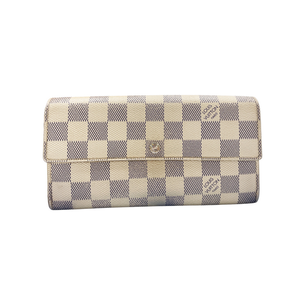 Secondstore Louis Vuitton Sarah wallet in Damier Azur canvas with a flap closure and checkered pattern.
