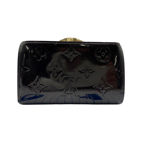 Secondstore pre-owned Louis Vuitton Viennois wallet in dark Monogram Vernis patent leather with a kiss-lock closure.