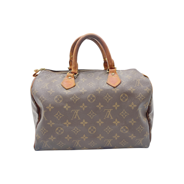 Secondstore pre-owned Louis Vuitton Speedy 30 handbag in brown monogram canvas with aged natural leather handles.