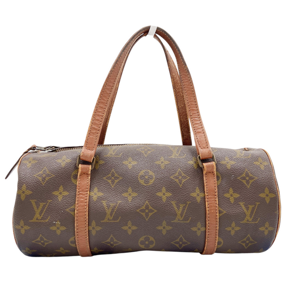 Secondstore pre-owned Louis Vuitton Papillon 30 tube bag in brown Monogram canvas with natural leather handles